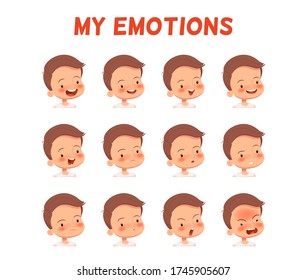 Set of different emotions of a boy. Poster for the development of emotional intelligence in children. Facial expressions of the face of the child