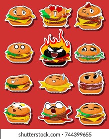 Set of different emotions burger on red background. A large variety of faces on the burger. The contents of the hamburger superficially reflect the emotion.. Vector EPS10