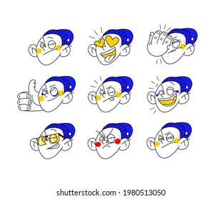 Set with different emotions. Cartoon character, dude in a hat. Color vector illustration isolated on white background.