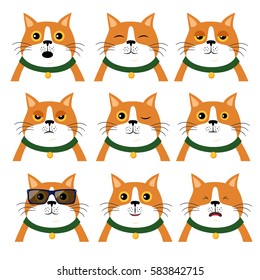 Set of different emotions cat.  Portrait of animal in flat style, vector