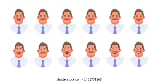 Set of different emotions of a character businessman or office clerk. Emoji mustache man facial expressions. Vector illustration in cartoon style