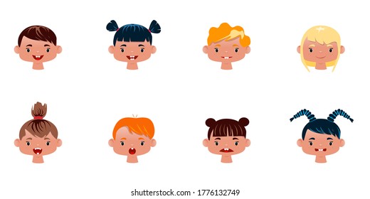 Set of different emotions in children. The head of a child. Bright colorful character for web design. Avatar, icon, place for photo, collage. Boy and girl. Different nationalities. Sticker, sticker.