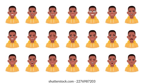 Set of different emotions of a cute black child. Facial expression of handsome african boy in yellow hoodie. Smile, happiness, anger, joy, surprise, fear, etc. Vector illustration in cartoon style.