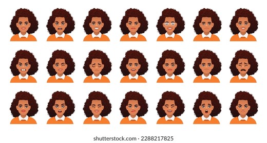 Conjunto de diferentes emociones de una linda mujer negra con el pelo rizado negro. Expresión facial de una joven y elegante chica africana. Sonrisa, felicidad, ira, sorpresa, miedo, tristeza, etc. Vector