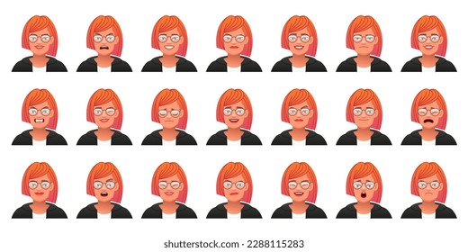 Set of different emotions of a cute caucasian woman with red hair. Facial expression of a beautiful stylish young girl in glasses. Smile, happiness, anger, surprise, fear, sadness, etc. Vector