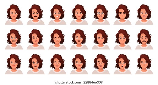 Set of different emotions of a cute caucasian woman with dark hair. Facial expression of a beautiful stylish young girl. Smile, happiness, anger, surprise, fear, sadness, etc. Vector illustration