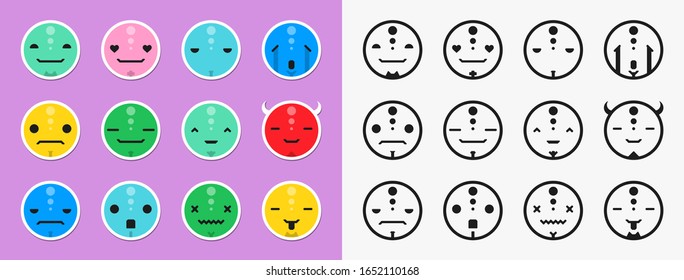 Conjunto de diferentes emociones lindo carácter. Emoji se enfrenta a una sonrisa emoticono, expresión digital sonriente sentimientos emoción, chat mensajero caricatura emotes.Ilustración vectorial al estilo de las caricaturas. Color y trazo.