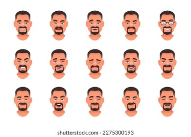 Set of different emotions of a cute white bearded guy. Facial expression of handsome man with mustache and goatee. Smile, happiness, anger, joy, surprise, fear, etc. Vector illustration.