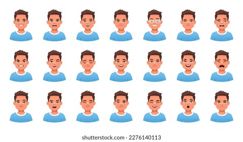 Set of different emotions of a cute white child. Smile, happiness, anger, joy, surprise, fear, etc. Facial expression of handsome boy in blue t-shirt. Vector illustration in cartoon style.