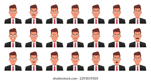 A set of different emotions of a cute white guy in glasses and in a suit. Facial expression of handsome stylish young man. Smile, happiness, anger, surprise, fear, sadness, etc. Vector illustration