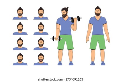 Set of different emotions, expressions male character. Handsome man show a variety of moods and differences. Vector illustration in cartoon style