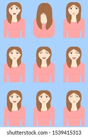 A set of different emotions and facial expressions of a woman: she is scared, crying, rejoices, laughs, winks and kisses. Character in pink clothes on a blue background. Vector illustration