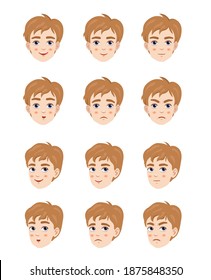 Set of different emotions of fair hair caucasian boy. Cheerfull, smiling, calm, surprised, upset and angry faces frontal and three quarters.