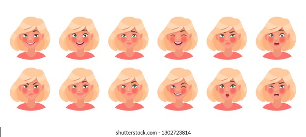 Set Of Different Emotions Of A Female Character. Beautiful Girl Emoji With A Variety Of Facial Expressions. Vector Illustration In Cartoon Style