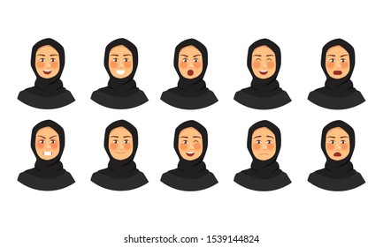 Set of different emotions female character. emoji with various facial expressions. Arab, Muslim. Vector illustration.