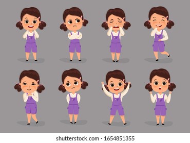 Set of different emotions female character. Cute kid girl teen emoji with various facial expressions. Vector illustration in cartoon style