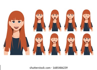 Conjunto de diferentes emociones de un personaje femenino. Hermosa chica con diferentes expresiones faciales. Ilustración vectorial al estilo de las caricaturas.