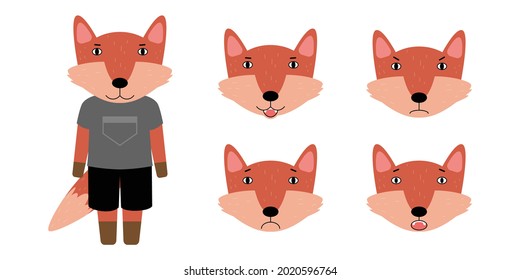 Set of different emotions of fox. Vector illustration in a flat style