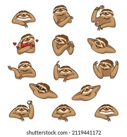 A set of different emotions of a funny cartoon sloth. Character design. Vector illustration.