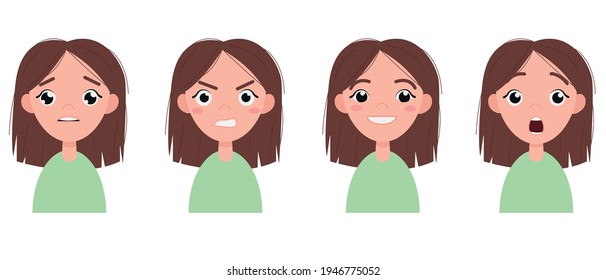 Set of different emotions of the girl. Cute girl in a green T-shirt on a white background. Sadness, anger, joy, surprise. Vector illustration in flat cartoon style.