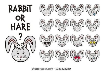 Set of different emotions of Gray rabbit or hare. Funny hand drawn character. Vector illustration for Easter, Zoo, kids design. Bunny wearing a protective mask. 17 isolated logos with emotions.