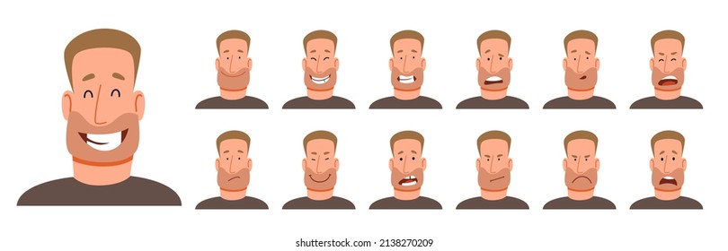 A set of different emotions of a handsome man with stubble. A handsome man with different facial expressions. Vector illustration in cartoon style