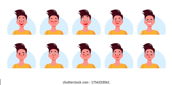 Set of different emotions and feelings: stress, joy, anger, depressed, peace, anxiety, disgust, delight. Young man portrait with facial expressions  on white background. Vector flat illustration.