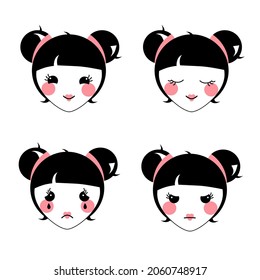 Set of different emotions: joy, tiredness, sad and crying, anger. Simple unique character. Mascot, person. Feelings. Hairstyle, red cheeks, lips, eyes with lashes, hair in a bun. Cute girl, face