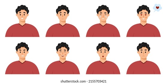 Set with different emotions of latin man. Various face avatars. People facial expression icons. Isolated vector illustration in flat style.