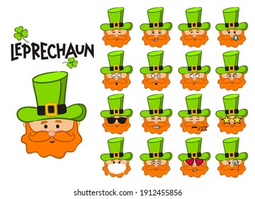 Set of different emotions of Leprechaun in green hat. Funny hand drawn character. Vector illustration for Saint Patrick's Day. Leprechaun wearing a protective mask. 17 logos with emotions.