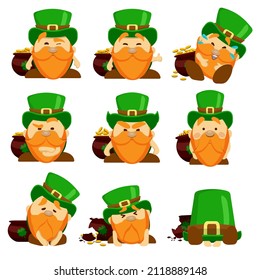 Set of different emotions of a leprechaun in a green hat with a pot of gold. 9 different emotions of the character. Vector illustration for St. Patrick's Day