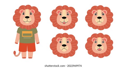Set of different emotions of lion. Vector illustration in a flat style