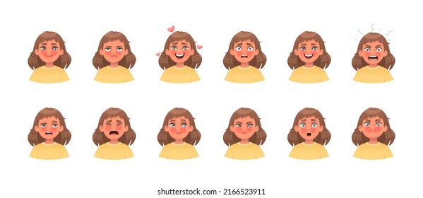 Set of different emotions of a little girl. Emoji. The child expresses surprise and joy, sadness and fear, love and disgust. Vector illustration in cartoon style