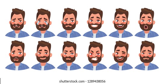 Set of different emotions male character. Handsome man emoji with various facial expressions. Vector illustration in cartoon style