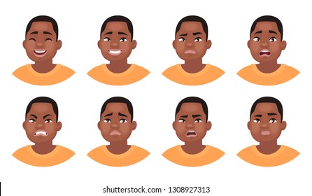 Set of different emotions male character. African American man emoji with various facial expressions. Vector illustration in cartoon style