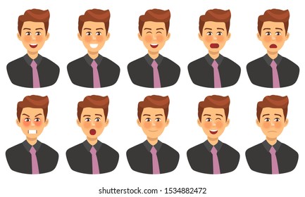 Set of different emotions male character. emoji with various facial expressions. businessman. Vector illustration.