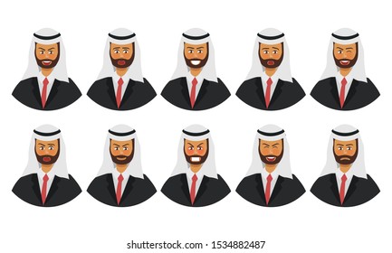 Set of different emotions male character. emoji with various facial expressions. Arab, Muslim. Vector illustration.