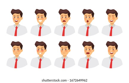 Set of different emotions male character. emoji with various facial expressions. businessman. Vector illustration.