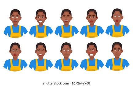 Set of different emotions male character. emoji with various facial expressions. cleaning man. Vector illustration.