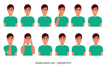 Set of different emotions of man. Man expressing his positive and negative feelings with gestures and facial expressions. Angry, worried, happy and surprised guy. Flat vector cartoon illustration