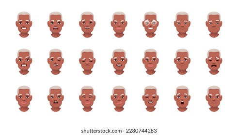 Set of different emotions of an old black man. Facial expression of a handsome elderly man with gray hair. Smile, happiness, anger, disappointment, sadness, surprise, fear. Vector illustration