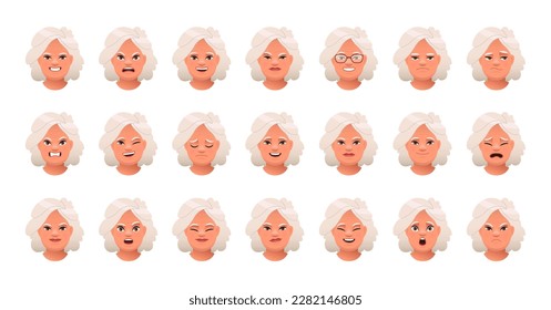 Set of different emotions of an old white woman. Facial expression of a beautiful elderly woman with gray hair. Smile, happiness, anger, disappointment, sadness, surprise, fear. Vector illustration