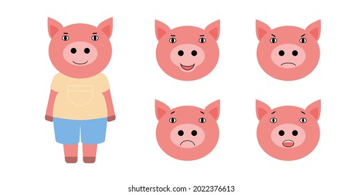 Set of different emotions of pig. Vector illustration in a flat style