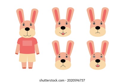 Set of different emotions of rabbit. Vector illustration in a flat style