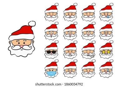 Set of different emotions of Santa Claus. Funny hand drawn character. Christmas Vector illustration. Santa wearing a protective mask. 16 logos with emotions.