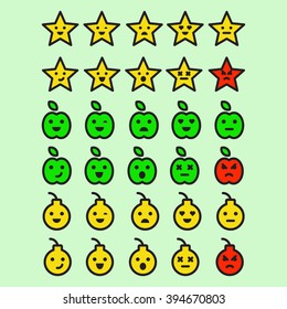 Set of different Emotions of star, apple and bomb. Set of Emoji. Isolated vector colors outline flat icon on bright background