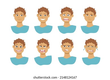 Set of different emotions. Vector illustration of boy portrait with various mimics. Happy, smiley, scared, bored, angry, crying, disgust, shocked face expressions.