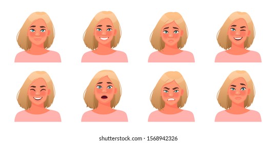 Set of different emotions woman. Happiness, surprise, anger, sadness. Collection of facial expressions of a girl character. Vector illustration in cartoon style