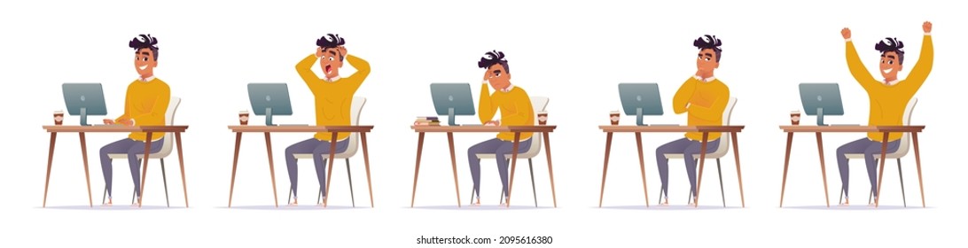 Set of different emotions of young African American guy working at his desk at computer: smiles, upset, tired, thinks