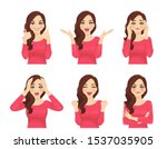 Set of different emotions young beautiful woman. Facial expression with various gestures isolated vector illustration